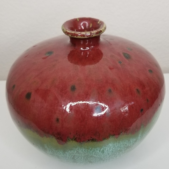 Stoneware Pottery Vase Drip Glaze on Multicolor Maroon Green Teal 6" - Picture 5 of 11